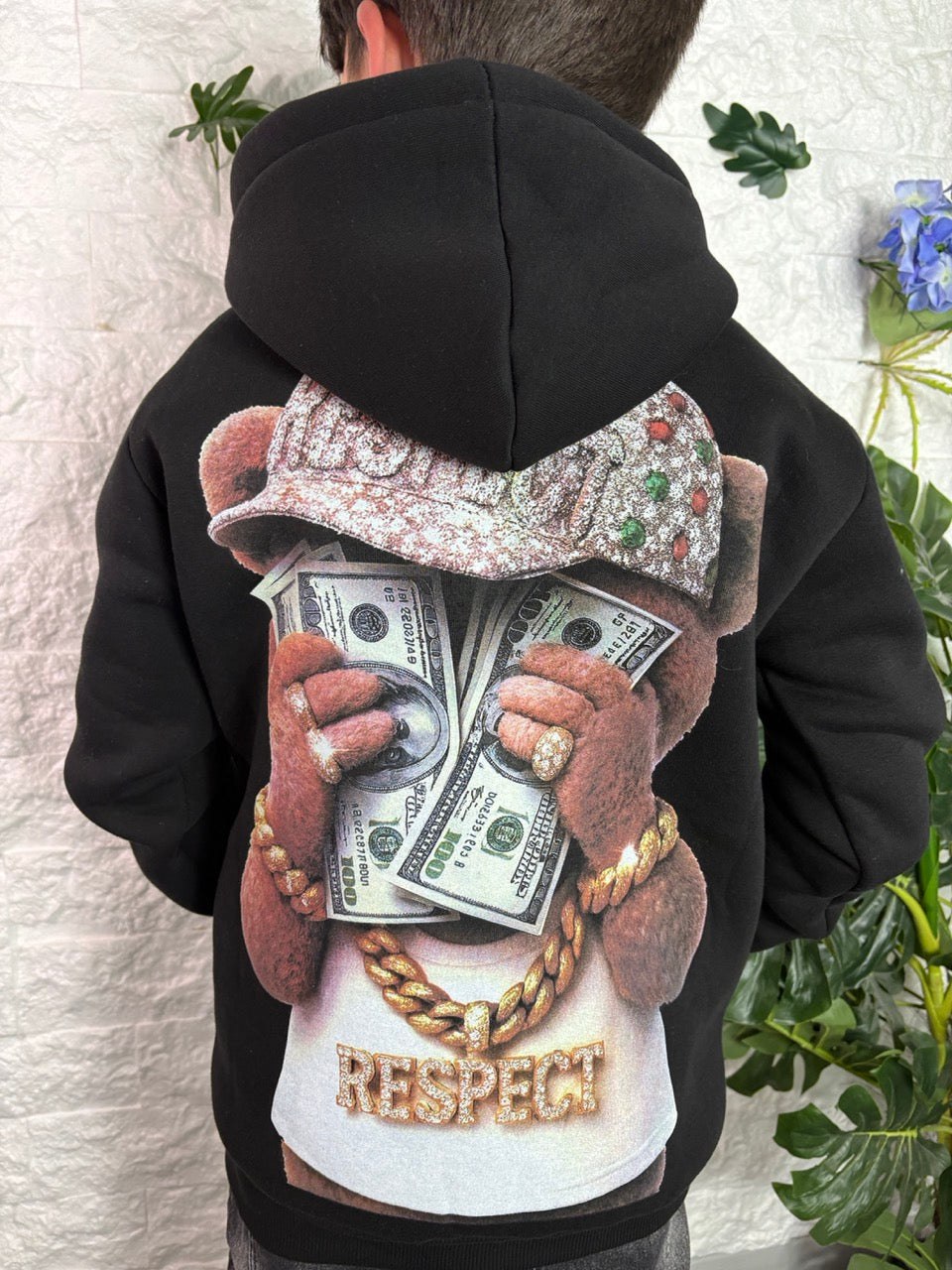 Felpa nera con cappuccio e stampa orsetto "RESPECT" - FELPATO 10-16 anni