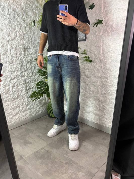 Jeans baggy blu sabbiato slavato in denim
