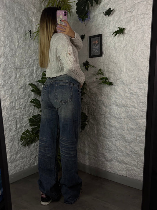 Jeans baggy wide leg blu sabbiato slavato in denim