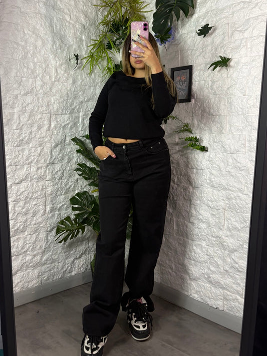 Jeans a palazzo nero slavato in denim con fondo ampio e taglio dritto