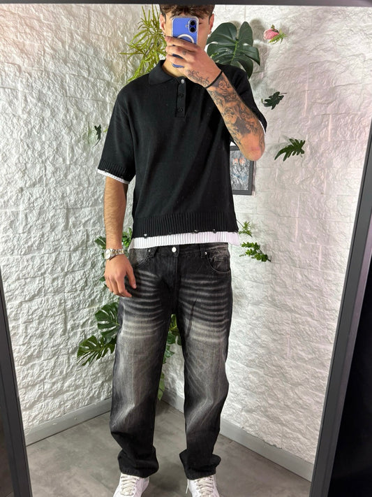 Jeans baggy nero slavato in denim