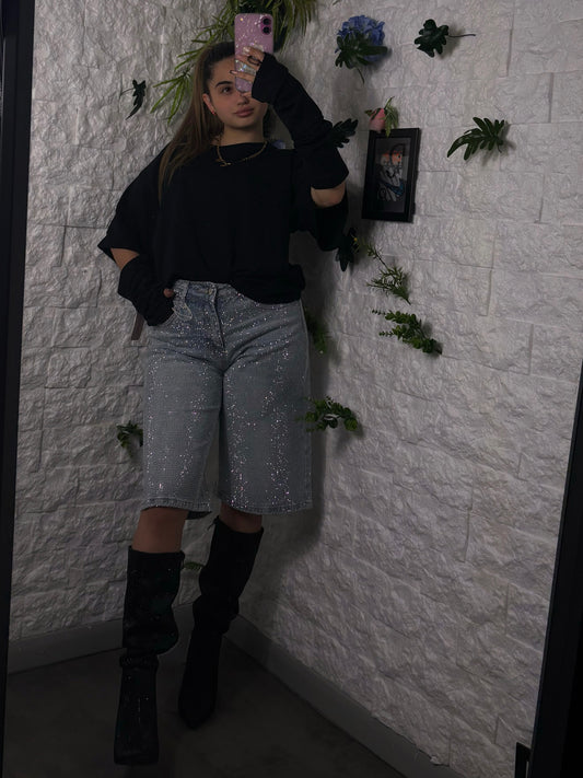 Pantaloncino Bermuta in jeans con brillantini  F18