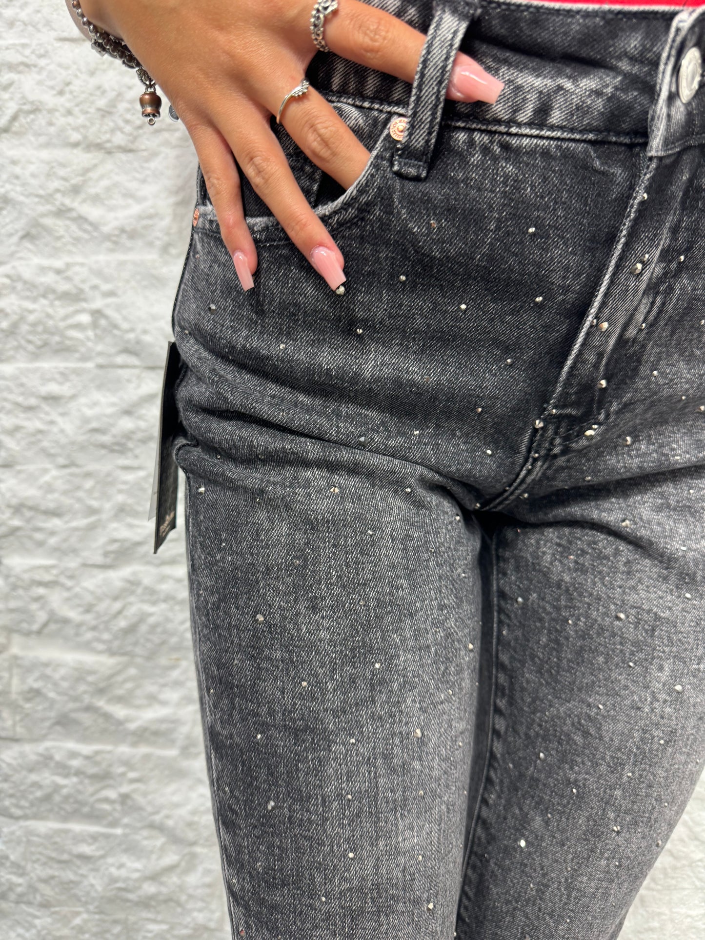 Jeans mom fit grey con strass