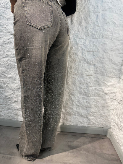 Jeans gray a palazzo con strass