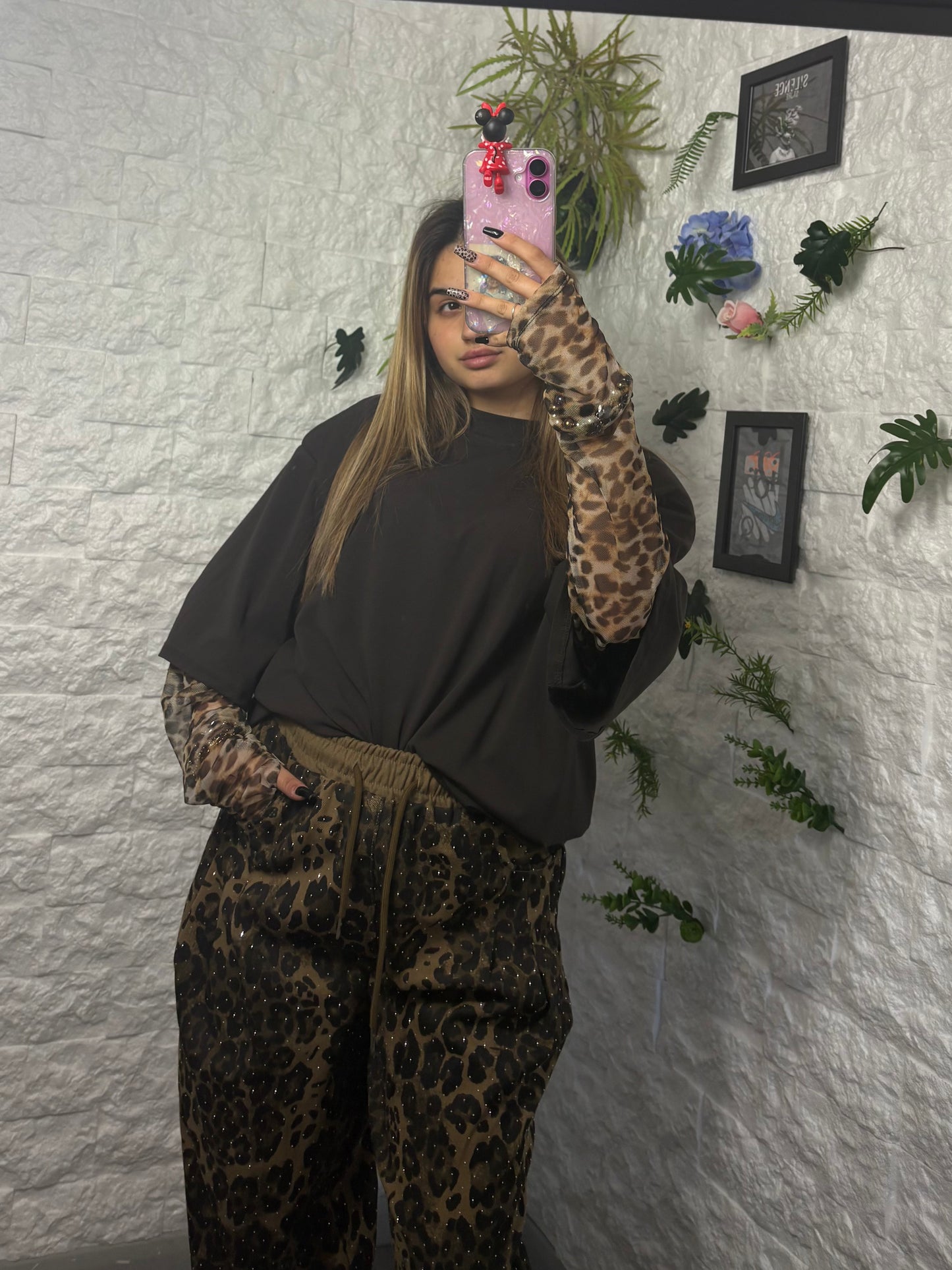T-shirt oversize con manica in tulle leopardato F0620
