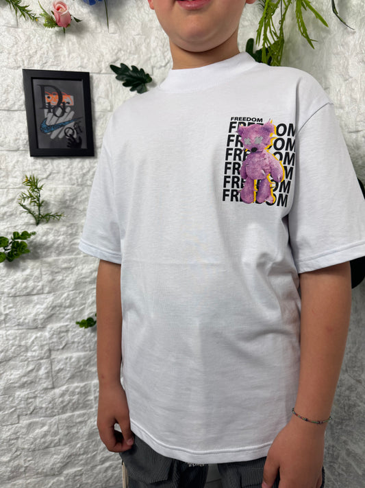 T-shirt bianca con scritta "FREEDOM" e orso viola 10-16 anni B215