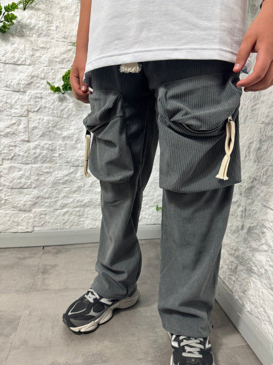 Pantaloni cargo a costine piombo con fondo ampio 10-16 anni PA613