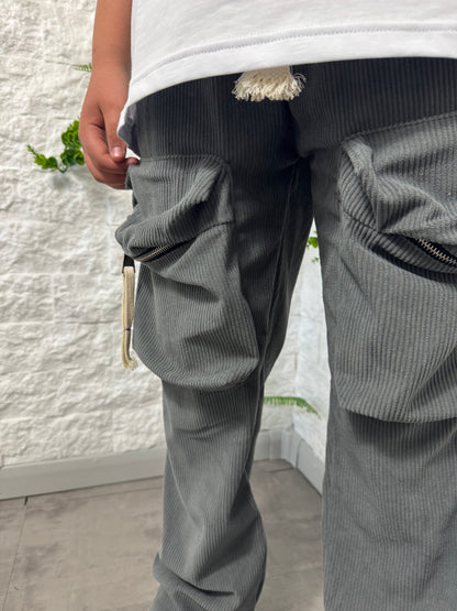 Pantaloni cargo a costine piombo con fondo ampio 10-16 anni PA613