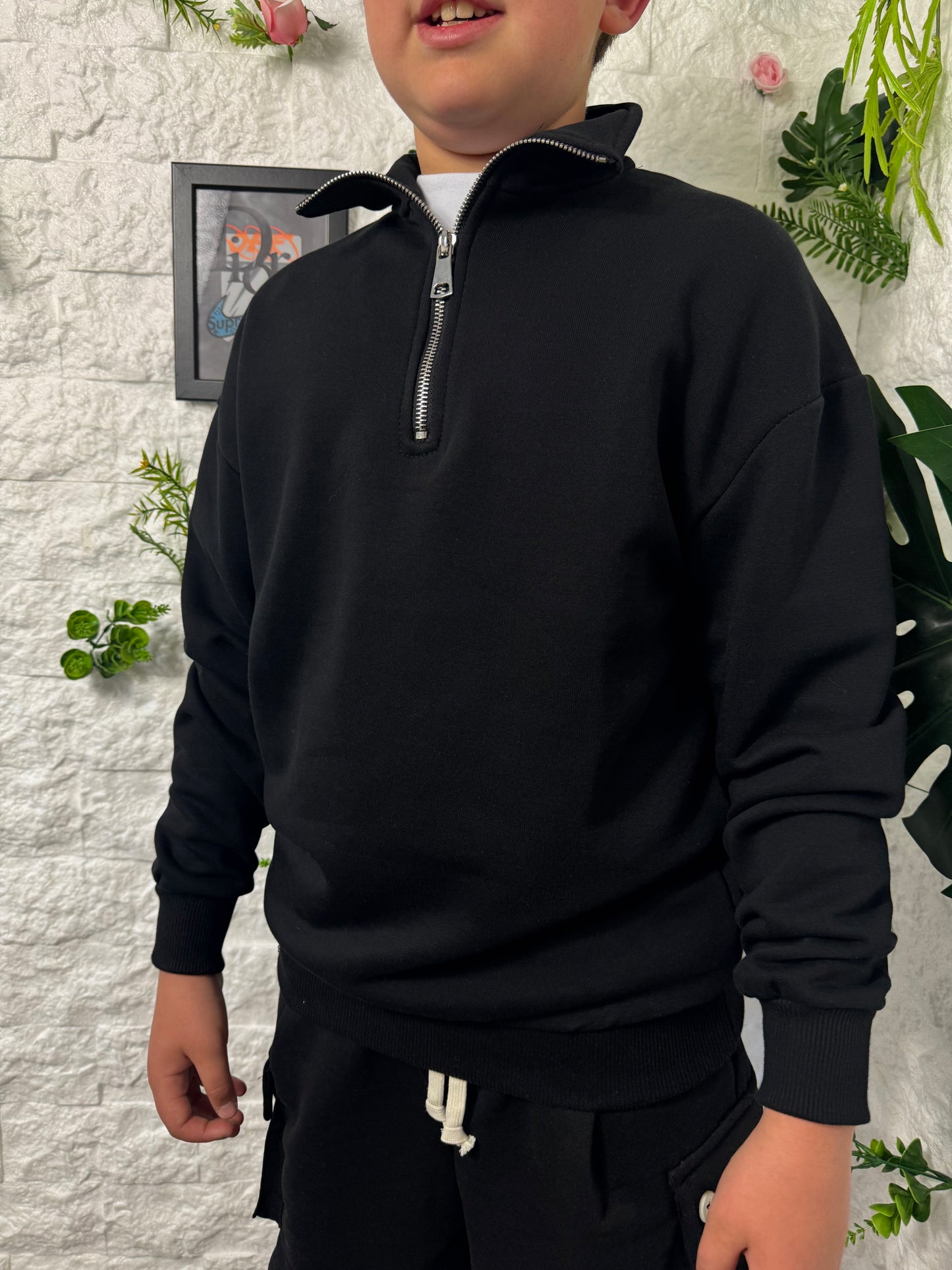 Felpa half zip nero garzato B351