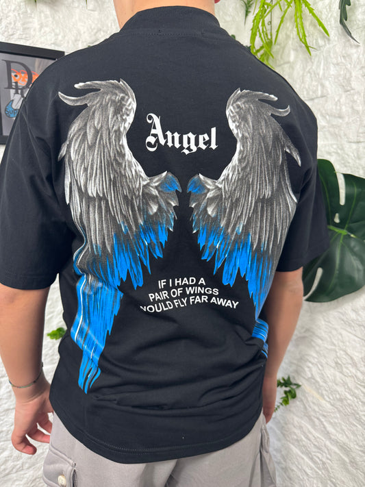 T-shirt nera con stampa con le ali e scritta "ANGEL" B304