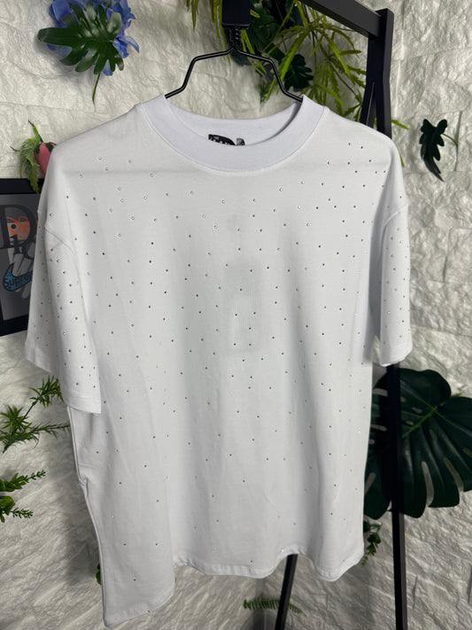 T-shirt a mezzo collo alto bianca con brillantini B801