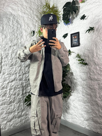 Completo beige con giacca zip e pantalone cargo baggy 10-16 anni