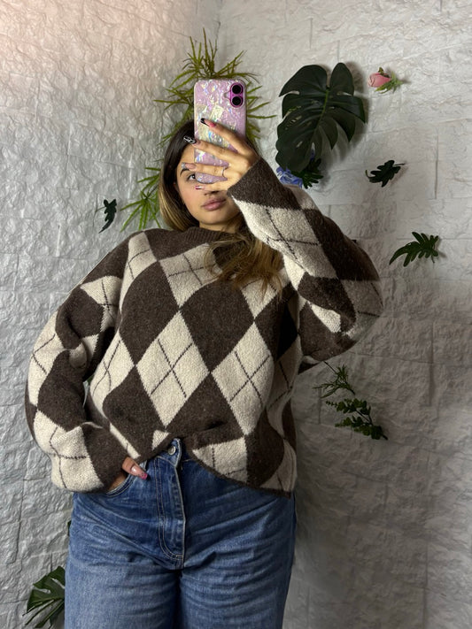 Maglione oversize con fantasia a scacchi