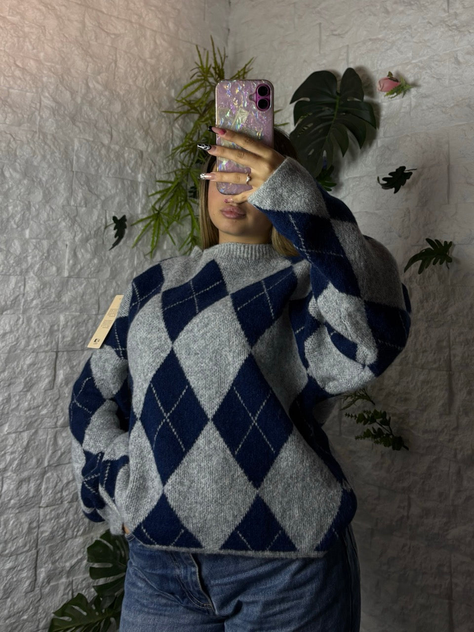 Maglione oversize con fantasia a scacchi