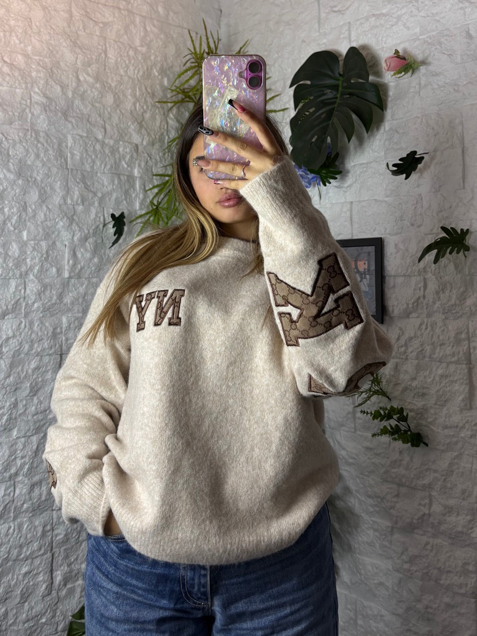 Maglione oversize con scritta ricamata NY