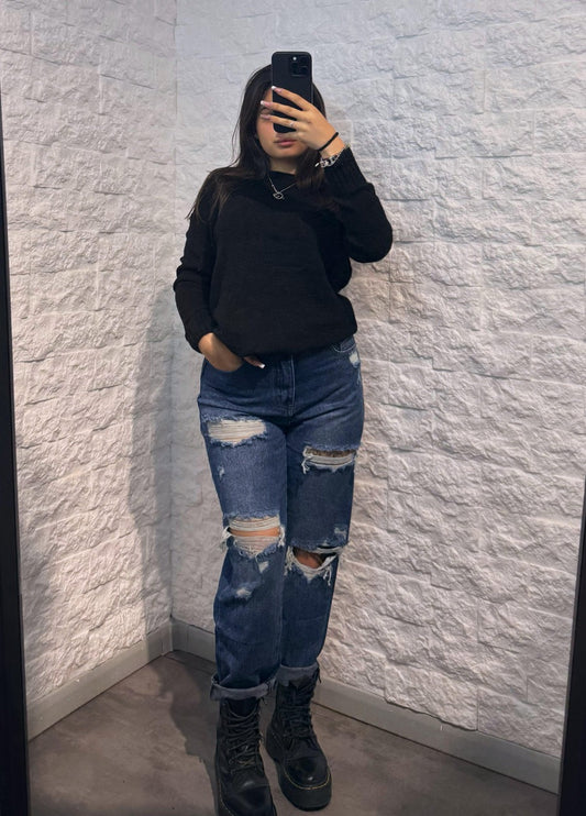 Jeans regular in denim con strappo sul ginocchio