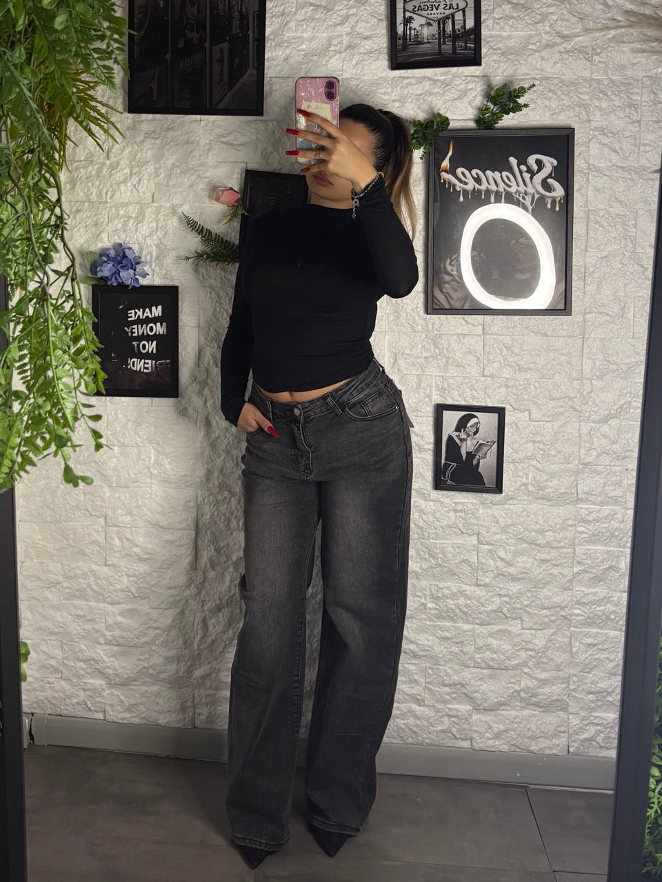 Jeans a palazzo grigio scuro in denim con lavaggio sfumato