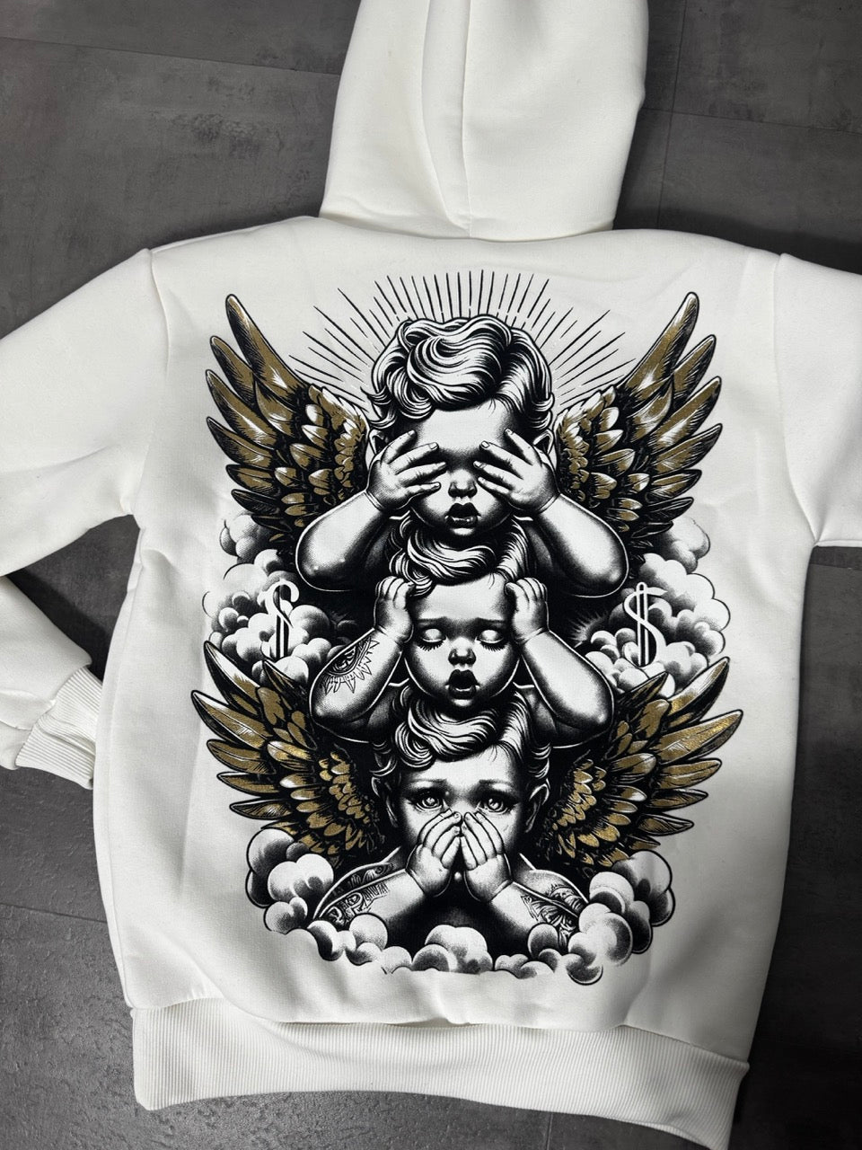 Felpa in doppio cotone felpato bianca con stampa con angeli