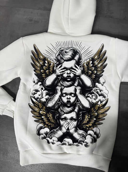 Felpa in doppio cotone felpato bianca con stampa con angeli