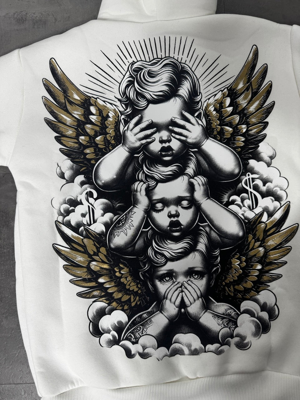 Felpa in doppio cotone felpato bianca con stampa con angeli