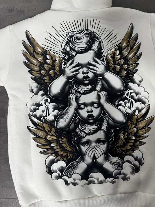 Felpa in doppio cotone felpato bianca con stampa con angeli