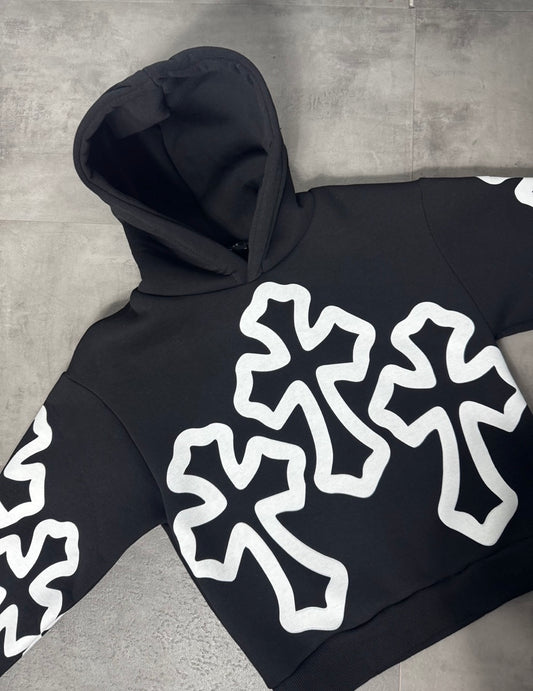 Felpa nera con cappuccio e maxi stampe a croce - FELPATO 1016 anni