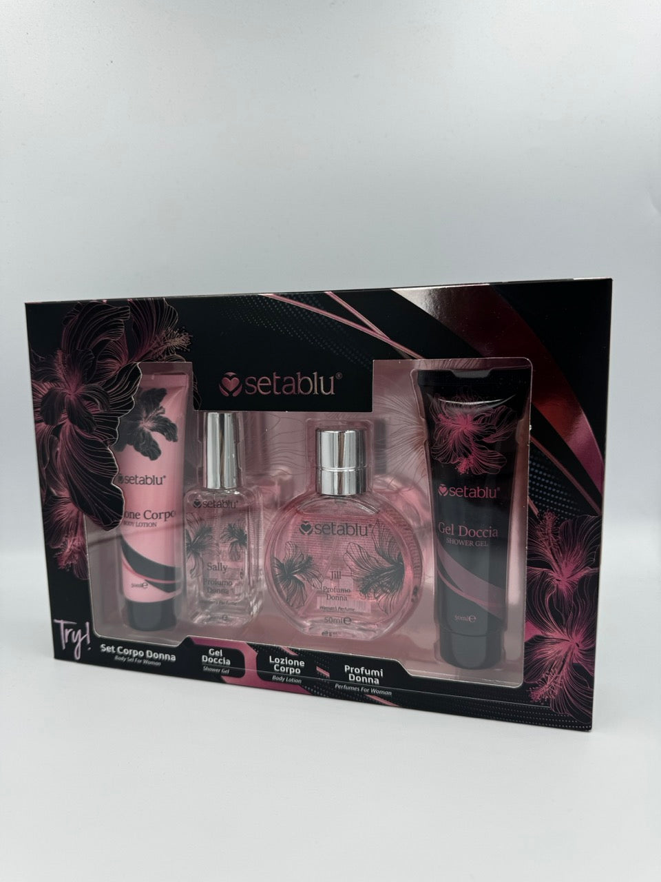 Set corpo donna con gel doccia lozione corpo profumo e mini fragranza