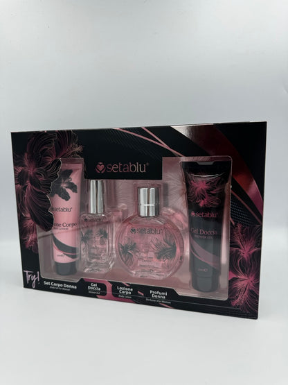 Set corpo donna con gel doccia lozione corpo profumo e mini fragranza