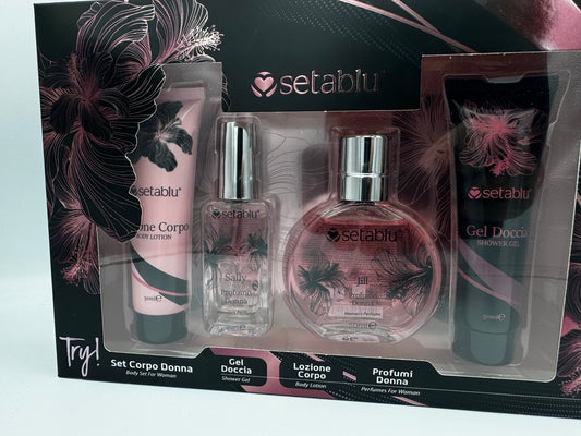 Set corpo donna con gel doccia lozione corpo profumo e mini fragranza