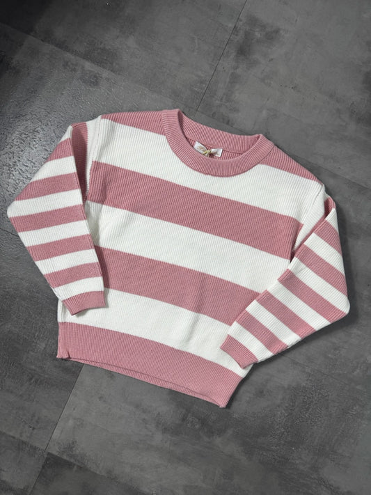 Maglioncino in maglia a righe rosa antico e bianco 4-12 anni