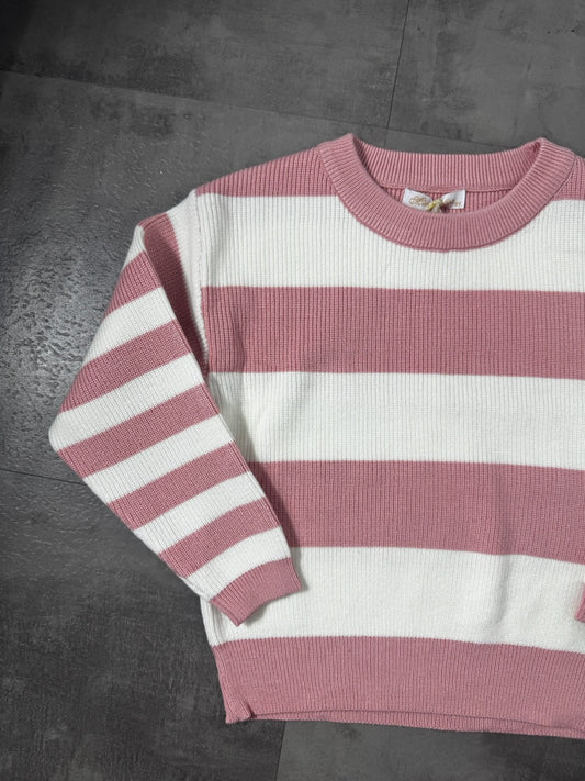 Maglioncino in maglia a righe rosa antico e bianco 4-12 anni