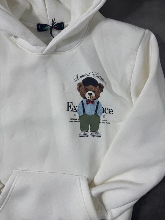 Felpa bianca con cappuccio e stampa con orso - FELPATO 10-16 anni