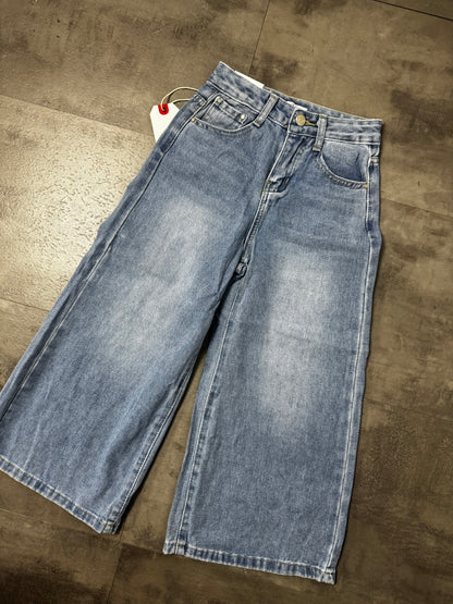 Jeans wide leg blu in denim con strappi e toppe 6-14 anni