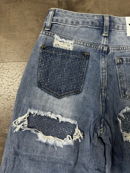 Jeans wide leg blu in denim con strappi e toppe 6-14 anni