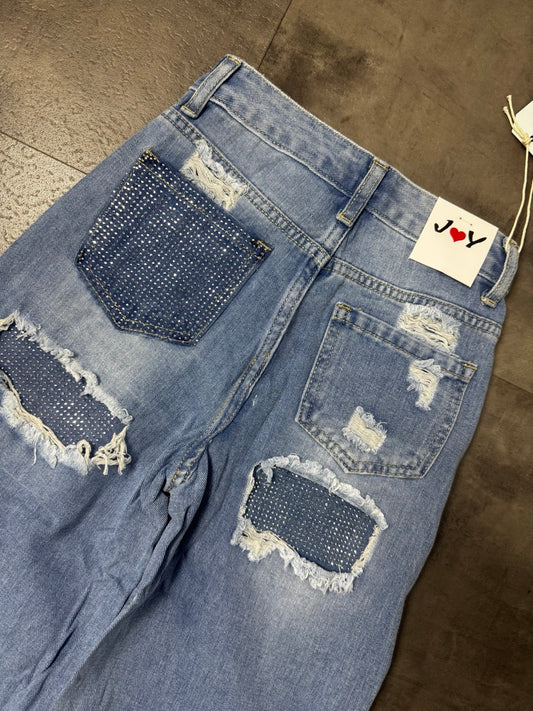 Jeans wide leg blu in denim con strappi e toppe 6-14 anni