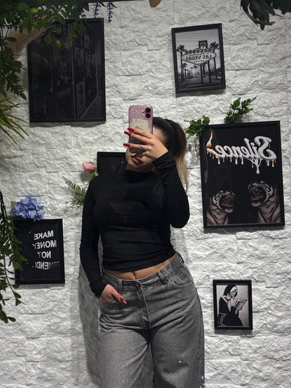 T-shirt a manica lunga con collo alto