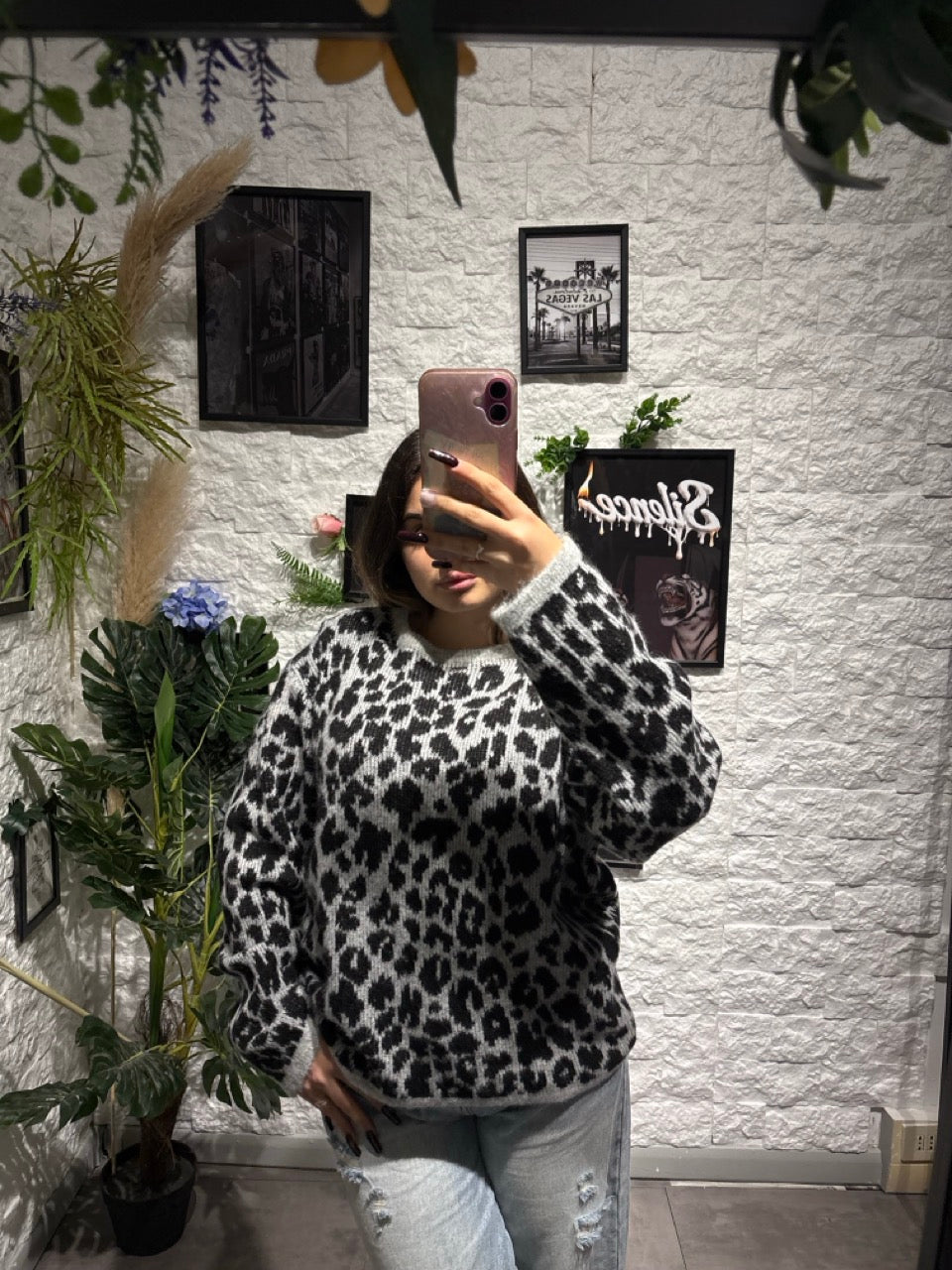 Maglione grigio in maglia con fantasia animalier - OVERSIZE
