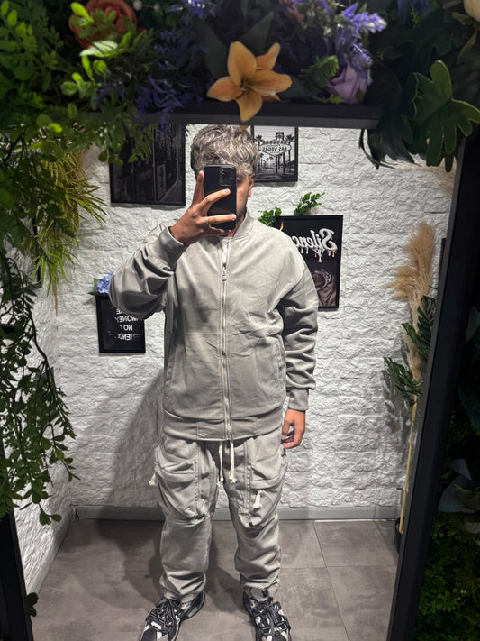 Completo grigio a mille righe con felpa zip e pantalone baggy - OVERSIZE FELPATO