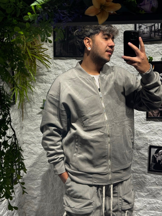 Completo grigio a mille righe con felpa zip e pantalone baggy - OVERSIZE FELPATO