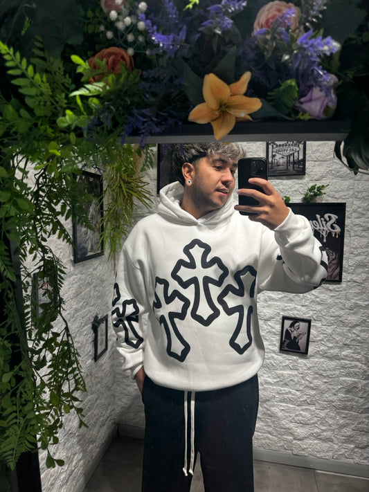 Felpa bianca con cappuccio e maxi stampe a croce - FELPATO