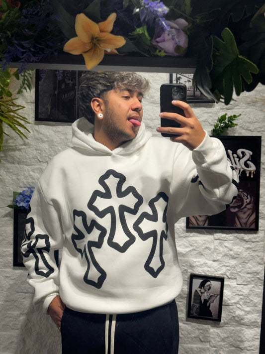 Felpa bianca con cappuccio e maxi stampe a croce - FELPATO