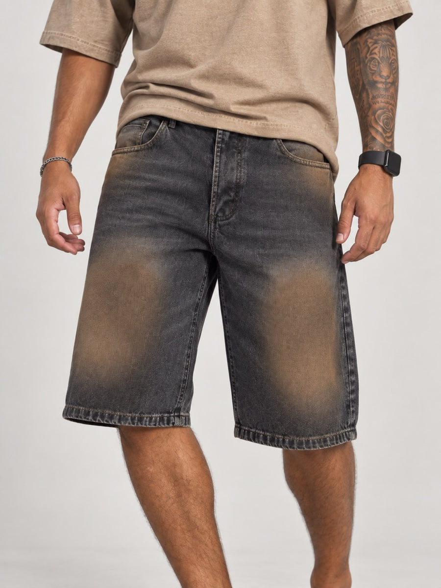 Bermuda nero slavato in denim con sfumature marroni