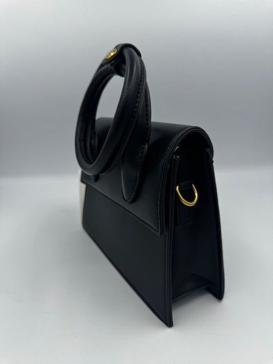 Borsa a mano nera rettangolare in ecopelle con manico rigido