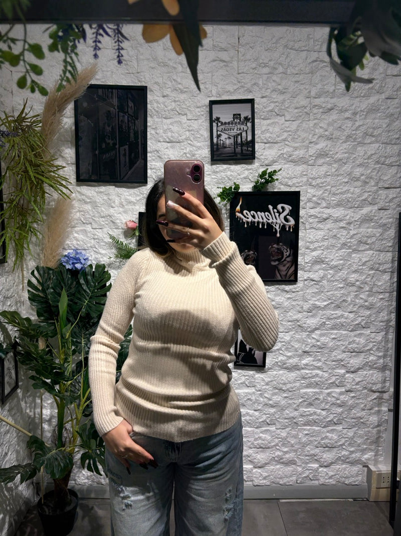 Maglione a costine in tinta unita con collo alto