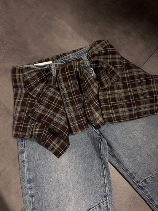 Jeans baggy azzurro in denim con fascia camicia a quadri 4-14 anni