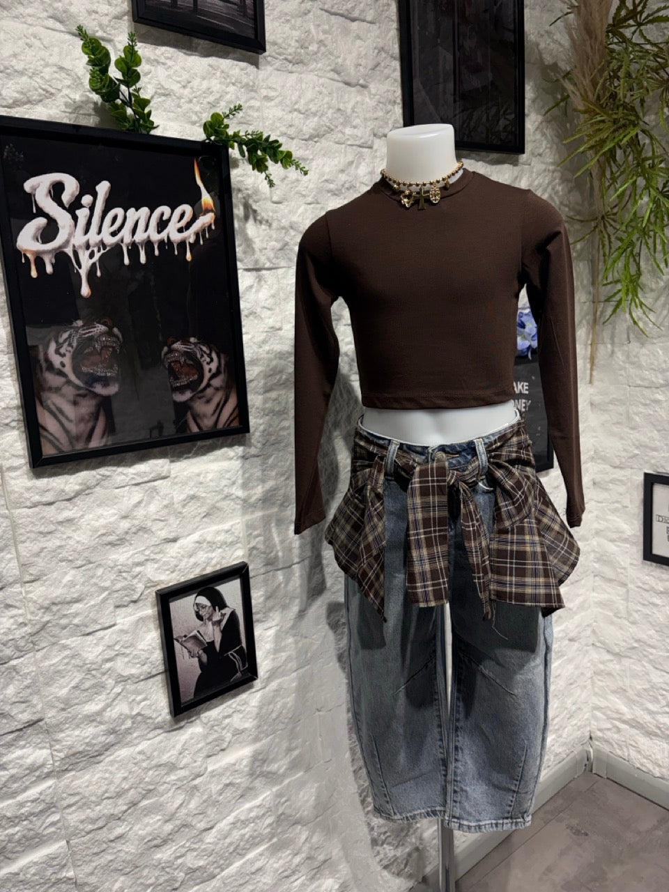 Jeans baggy azzurro in denim con fascia camicia a quadri 4-14 anni