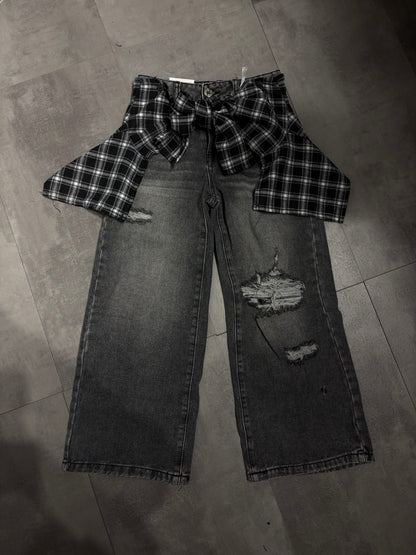 Jeans baggy grigio in denim con cintura a quadri 4-14 anni