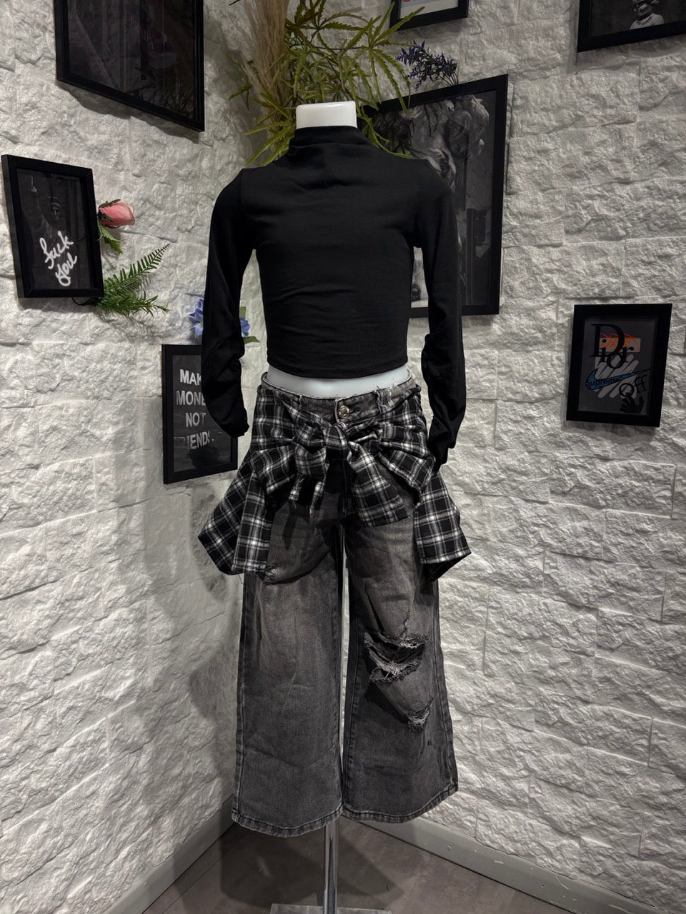 Jeans baggy grigio in denim con cintura a quadri 4-14 anni