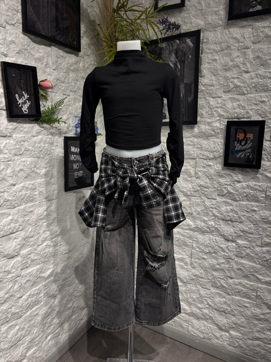 Jeans baggy grigio in denim con cintura a quadri 4-14 anni