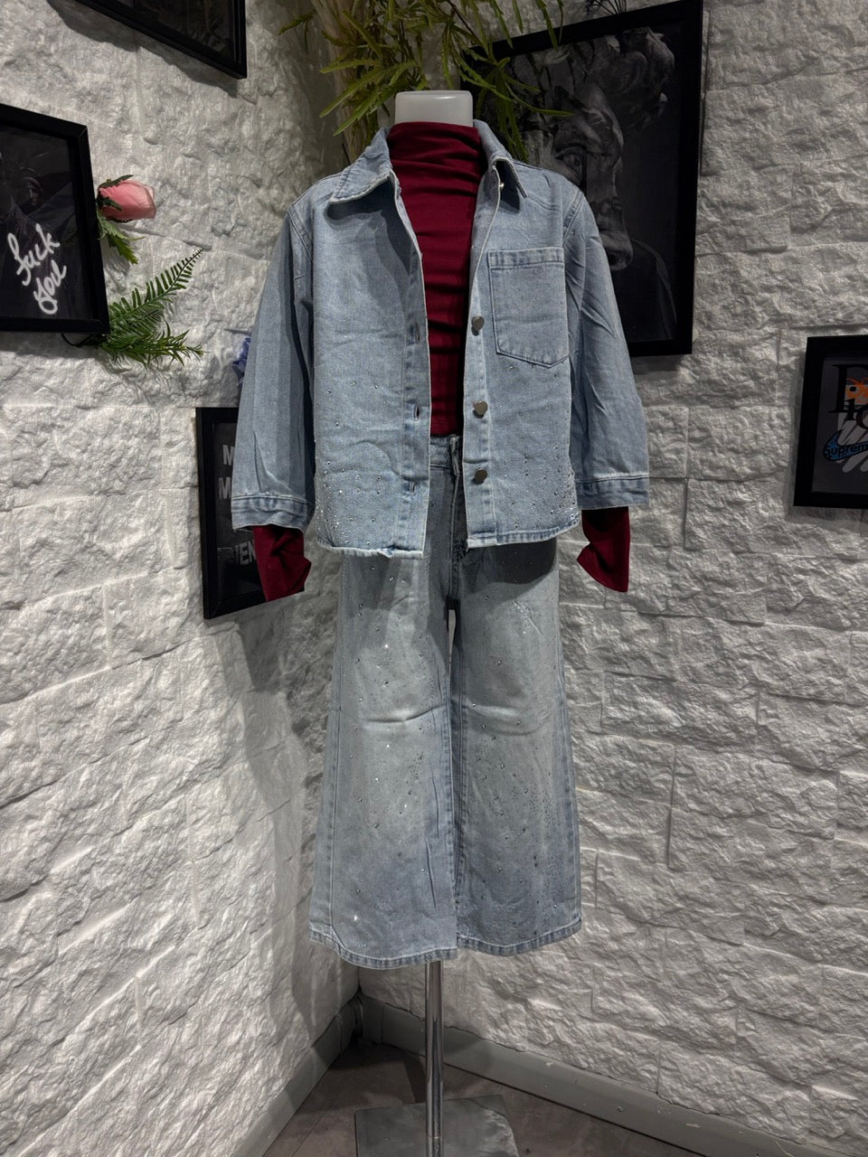 Completo denim azzurro con strass giacca e jeans 6-16 anni